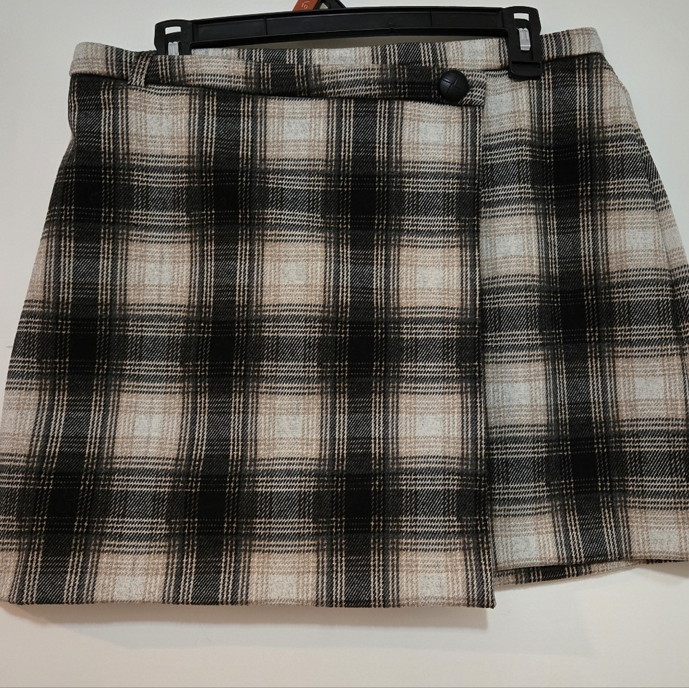 NWOT CATHERINE MALANDRINO Black/Camel Plaid Knit A-line Pull On Mini Skirt - Picture 4 of 9